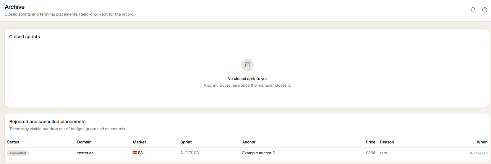 Archive in ECHION: closed sprints and rejected or cancelled placements, kept read-only.
