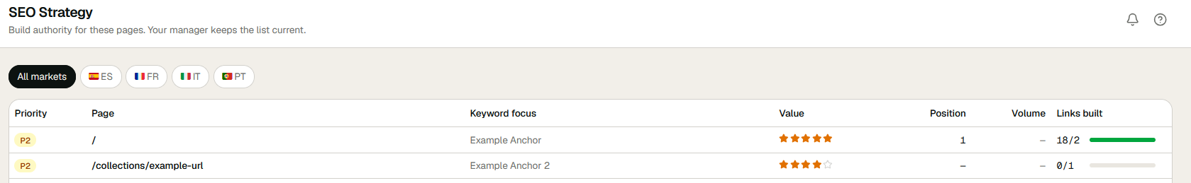 SEO Strategy in ECHION: target pages per market with priority, keyword focus, value and links built.